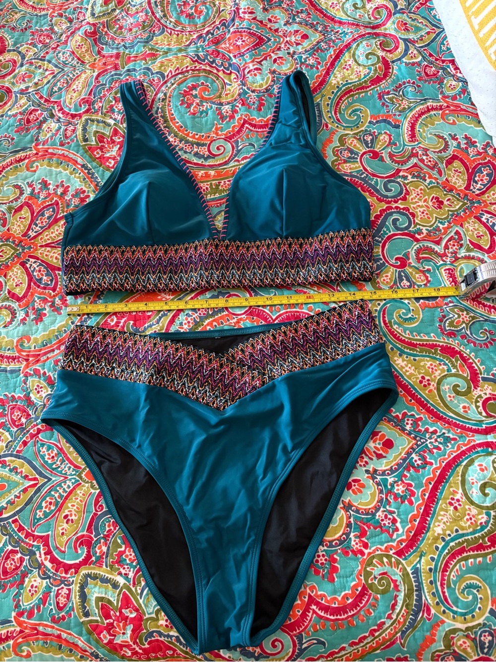 Teal Two-Piece Swim Set with Multicolor Trim Fits like a 12.